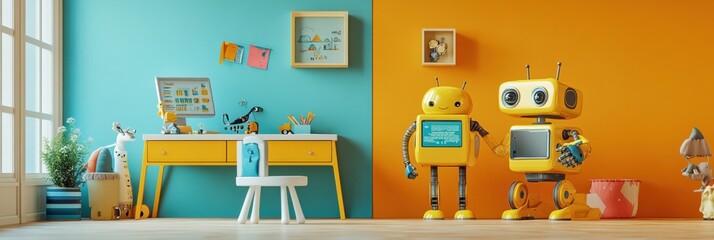 Poster - Brightly colored children's room showcasing two cheerful robot assistants interacting with kids while they learn and play. Generative AI