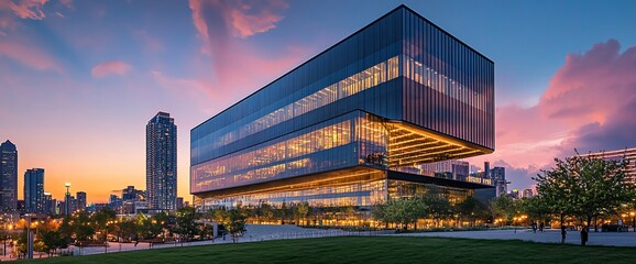 Poster - Modern glass building with illuminated windows at twilight with pink and purple sky and green grass in the foreground.