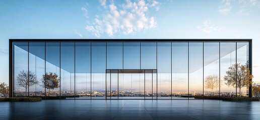 Poster - Modern glass building with panoramic city view through large windows.