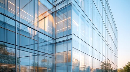Poster - Modern glass office building exterior with reflective glass panels and a bright sky.