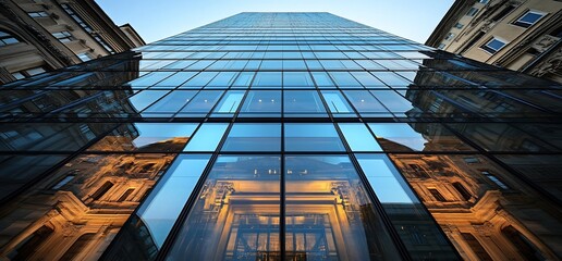 Poster - Modern glass skyscraper reflecting the sky and nearby buildings.
