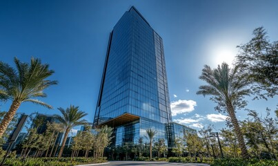 Poster - Modern glass skyscraper with palm trees in the foreground, against a bright blue sky with the sun shining.