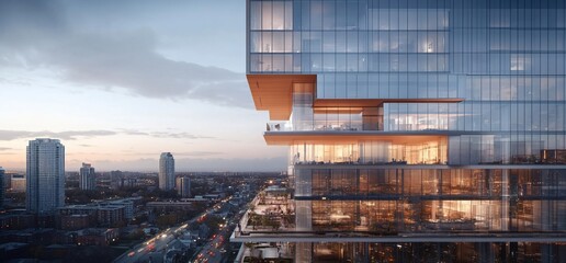 Poster - Modern high rise building with glass facade and balcony overlooking the city.