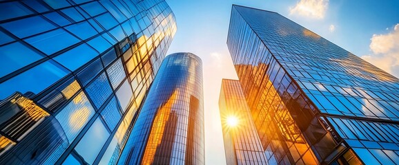 Poster - Modern glass skyscrapers reaching for the sun with a blue sky and white clouds.