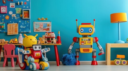 Poster - In a lively children's room, friendly robots assist kids as they engage in playtime activities surrounded by vibrant decor. Generative AI