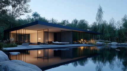 Poster - Modern house with a pool and large windows overlooking a forest.