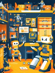 Poster - In a lively children's room, friendly robot assistants help kids explore, learn, and play together with various educational tools. Generative AI