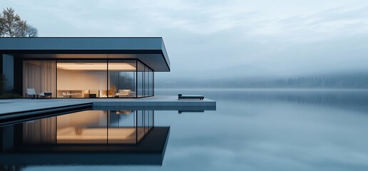 Poster - Modern house with large windows overlooking a lake.