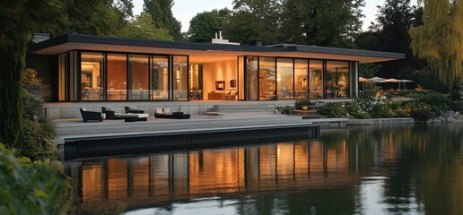 Poster - Modern house with large windows overlooking a lake at sunset.