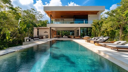 Poster - Modern luxury villa with a swimming pool and lush tropical landscaping.