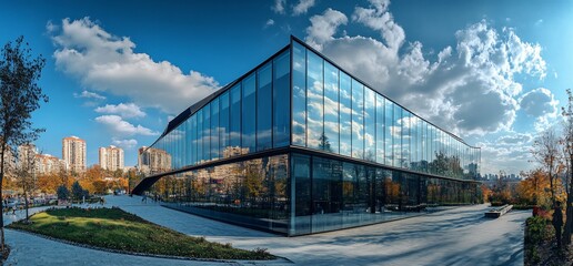 Aufkleber - Modern office building with glass facade reflecting blue sky and white clouds.
