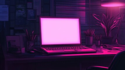 Poster - Vector illustration of a neon laptop with a blank screen on a desk in dim lighting
