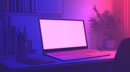 Poster - Vector illustration of a neon laptop with a blank screen on a desk in dim lighting