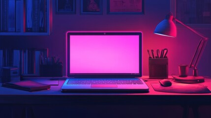 Poster - Vector illustration of a neon laptop with a blank screen on a desk in dim lighting
