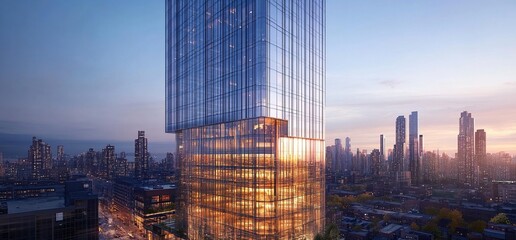Poster - Modern skyscraper with glass facade reflecting the setting sun in a city skyline.
