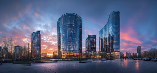 Poster - Modern skyscrapers with glass facades reflecting the colorful sunset sky.