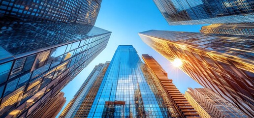 Aufkleber - Tall skyscrapers reaching towards a bright blue sky, with the sun shining brightly overhead.