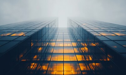 Poster - Two tall glass skyscrapers rise into a foggy sky, their windows reflecting the warm light from inside.