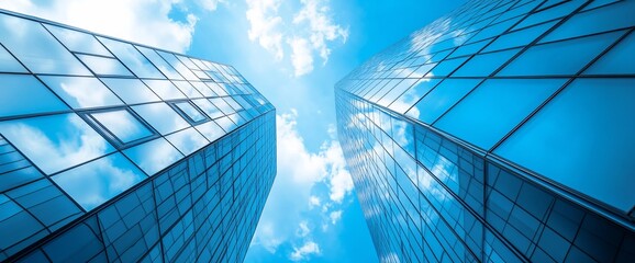 Poster - Two tall skyscrapers with glass facades against a bright blue sky with white clouds.