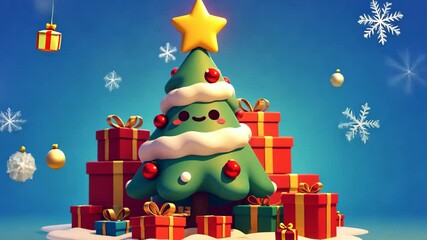Wall Mural - Cute and funny 3d style Christmas tree with garland and glowing lights. Happy New Year.