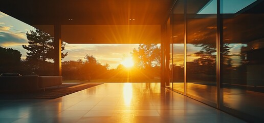Poster - View of a sunset through large glass doors of a modern home.