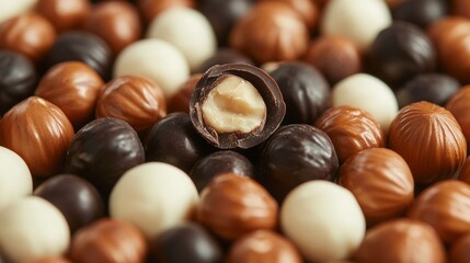 Wall Mural - Close-up of white, brown, and black chocolate dragees, one with a halved hazelnut