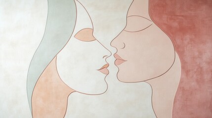 Fototapete - Silhouettes of two faces in soft pastel tones interact, embodying themes of communication, empathy, and human connection. Generative AI
