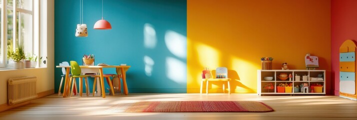 Poster - A lively kids' room has fun robot helpers, colorful furniture, and sunlight pouring in through the windows. Generative AI