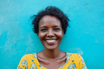 portrait of a cheerful smiling mother on a blue background