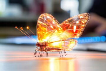 Poster - A Glowing Butterfly Robot Illuminates a Workspace With Vibrant Colors During a Creative Project