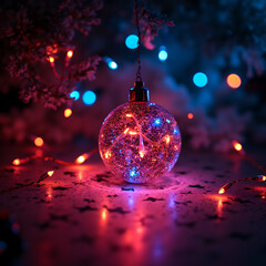 Aufkleber - A shimmering Christmas orb, illuminated by warm red and cool blue lights.