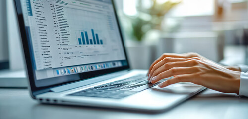 Poster - Businesswoman Typing on Laptop Keyboard in Office, Remote Work and Online Research Concept