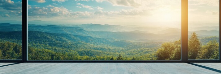 Poster - A large window showcases a breathtaking panorama of lush hills and valleys illuminated by the golden morning light. Generative AI