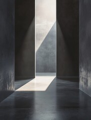 Poster - Light streams through a narrow passage, creating a striking contrast between shadows and illumination in an architectural setting. Generative AI