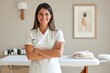 © Kristina - A woman massagist is standing in front of her massage table, smiling with crossed arms and wearing white, spa, massage, clinic and cosmetology service, beauty poster, banner, copy space