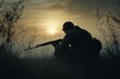 © Kristina - Backlit wide shot silhouette of a military personnel, looking sad and melancholic with a rifle on a battlefield, having lost comrades in war.