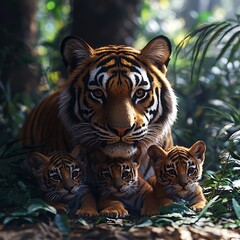 Wall Mural - Tiger mother and her adorable cubs enjoying calm moment in forest habitat picture