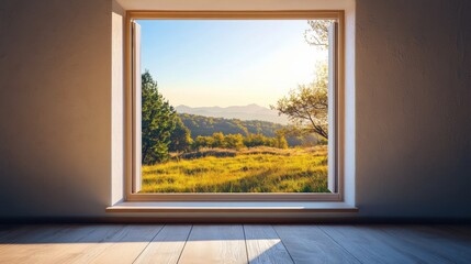 Leinwandbilder - Golden sunlight streams through a window, illuminating a peaceful landscape outside, featuring trees and rolling hills. Generative AI