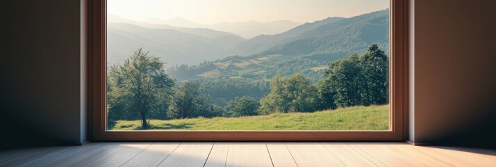 Poster - The window features a beautiful reflection of a peaceful natural landscape, highlighting lush hills and gentle trees at sunset. Generative AI