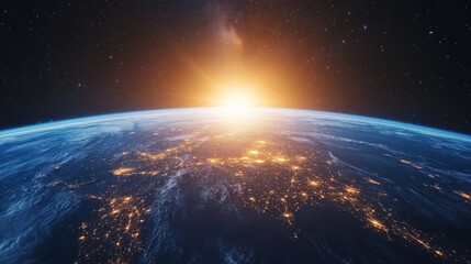 Wall Mural - beautiful milky way galaxy on the starry sky above the planet earth with city light