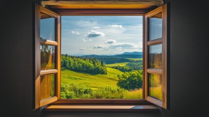 Fototapete - Natural beauty unfolds beyond a wooden window, revealing lush greenery and distant hills kissed by sunlight in a tranquil landscape. Generative AI