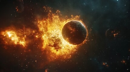 Wall Mural - two planets collide and explode in the deep space