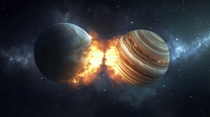 Wall Mural - two planets collide and explode in the deep space