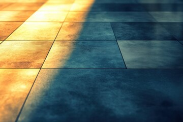 Poster - Warm light casts intricate shadows across the tiled floor, creating a tranquil atmosphere in an elegant indoor setting. Generative AI