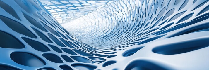 Poster - A surreal arrangement of blue and white network lines creates a fluid 3D pattern, evoking a sense of depth and movement in digital art. Generative AI