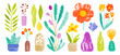 © Olga Che - Vase flower vector. Plant and flower in vase and pot illustration. Crayon doodle cute design. Simple flat brush house bouquet. Houseplant crayon background. Childish drawing. Home plant pastel sketch