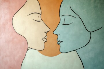 Fototapete - Silhouettes of two faces in soft pastel colors illustrate the essence of communication and empathy, fostering a sense of connection. Generative AI