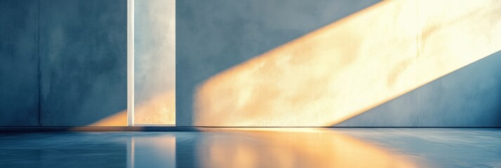 Leinwandbilder - Soft beams of light cast shadows across a minimalistic interior, creating a tranquil atmosphere during sunset. Generative AI