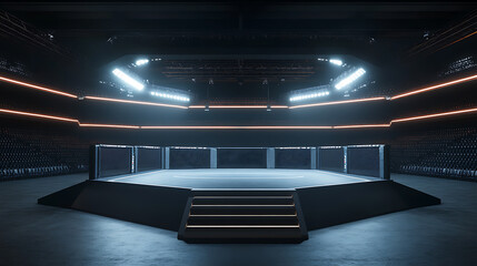 Poster - 3D rendering of an empty MMA arena viewed from the side, featuring complete stands under lighting