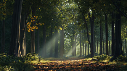 Aufkleber - Panoramic photo of a forest landscape with mountains in the background, pine trees under a misty morning light with sunlight rays